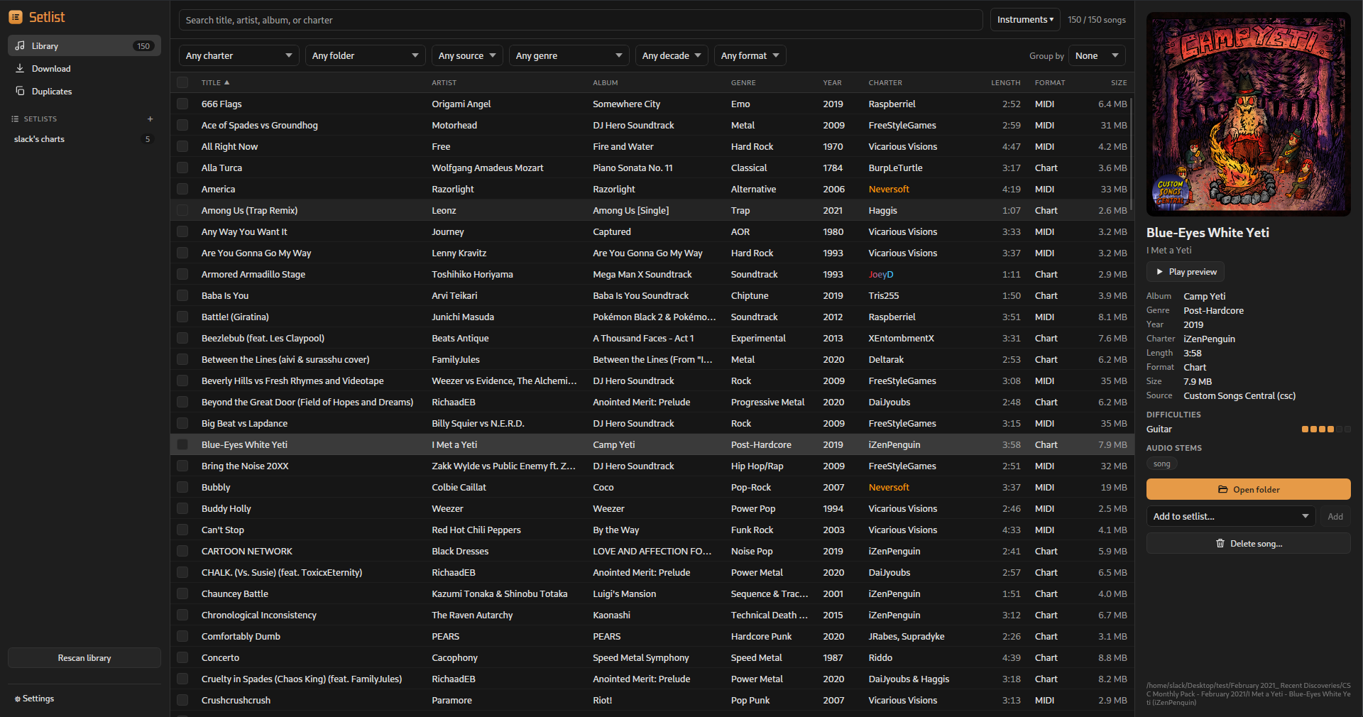 Setlist screenshot, select to enlarge